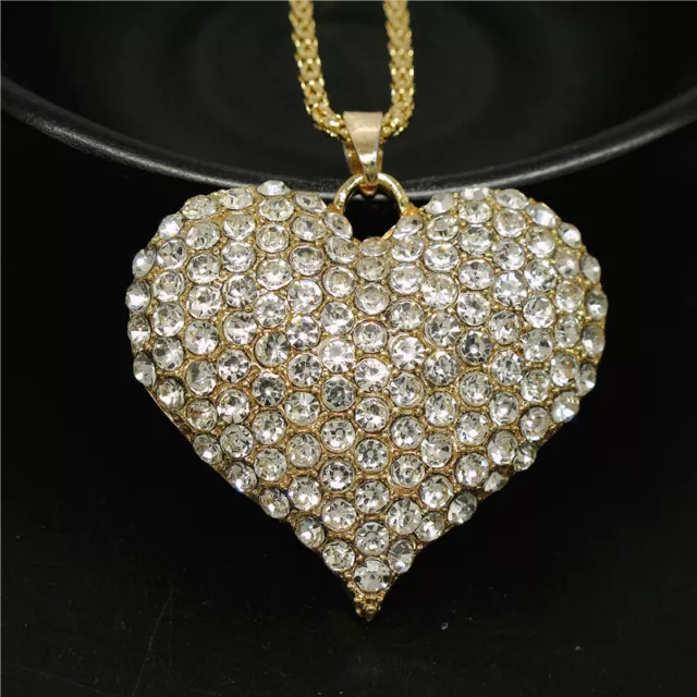 Betsey Johnson Rhinestone White Shiny Heart Crystal Pendant Chain Necklace Gift