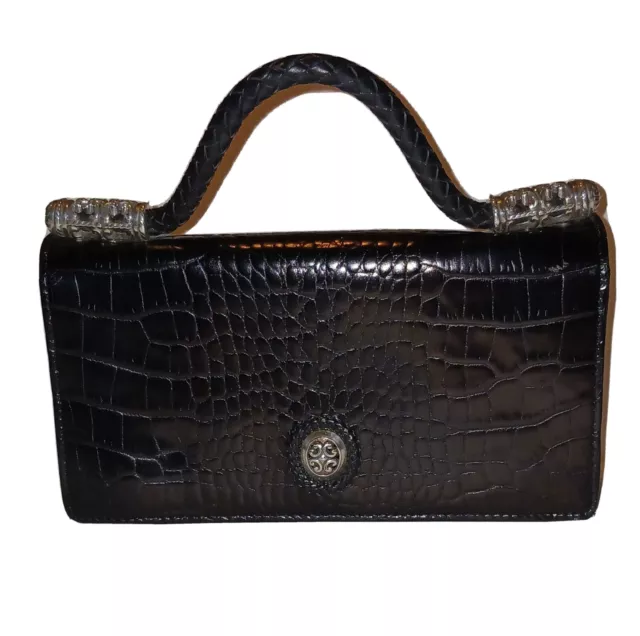 BRIGHTON Croc Embossed Black Leather Crossbody Organizer Wallet-Handbag