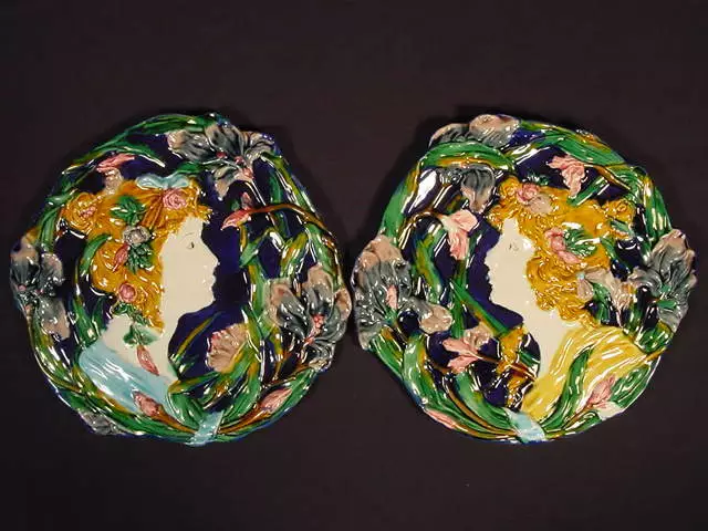 PAIR of RARE LARGE YOUNG WOMEN PLAQUES MAJOLICA ART NOUVEAU