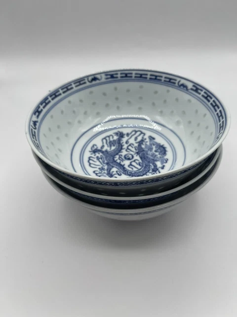 3 CHINESE BLUE and White Dragon Rice Pattern Bowl 8 inch $34.99 ...