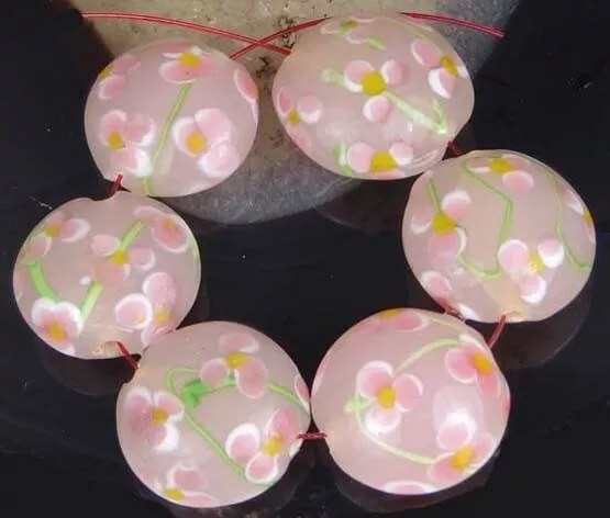 6 Lampwork Handmade Glass Beads Pink Flower Lentil