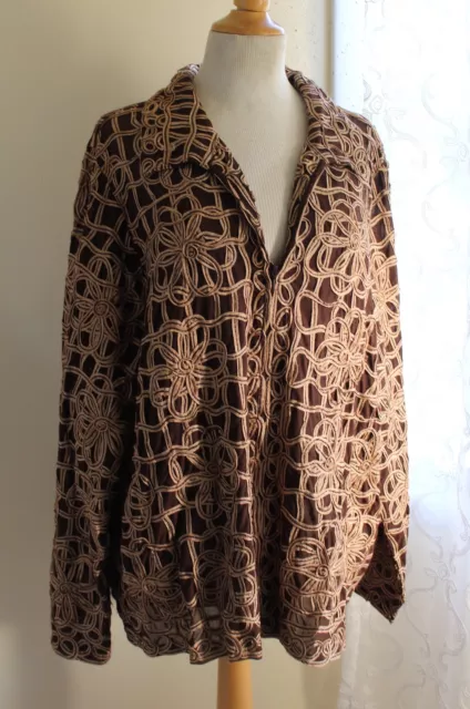 FAB Laura Ashley Sz 3X Art-to-wear Brown Crewel Embroidered Artsy Zip Lux Jacket