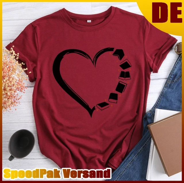 ❥ T-shirt cuore invecchiato libri maglietta Wine Red-XL