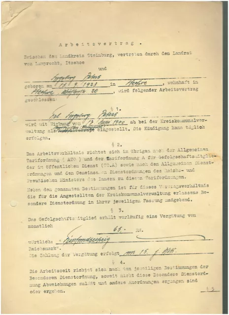 Arbeitsvertrag Kreis Steinburg 1940