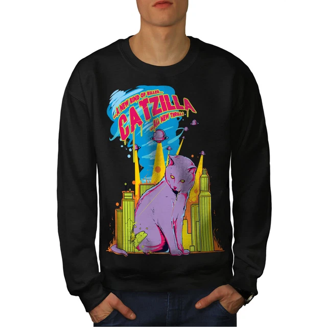 Wellcoda Cat Godzilla Parody Mens Sweatshirt, Attack Casual Pullover Jumper