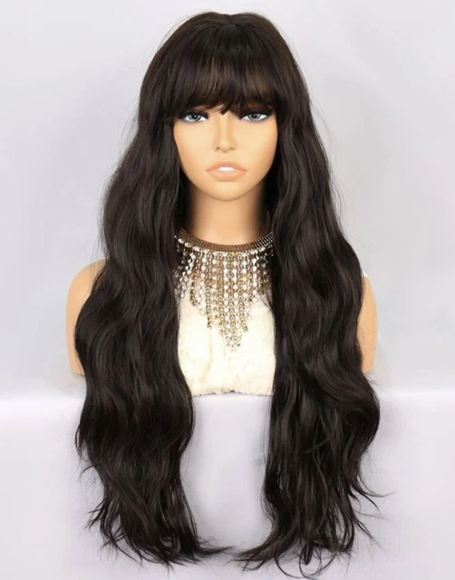 Perruque Synthétique Longue Noire Bouclée - Frange, Longueur 45cm - Bonnet Moyen - Neuf Sans étiquettes