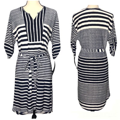 Mlle Gabrielle navy blue white striped 3/4 sleeve dress