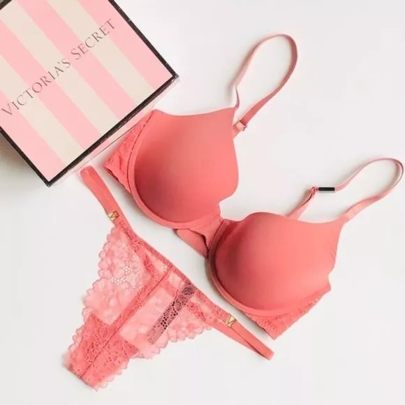 Victorias Secret Demi Bra Panty Set 34B Small Embrace Pink Bling