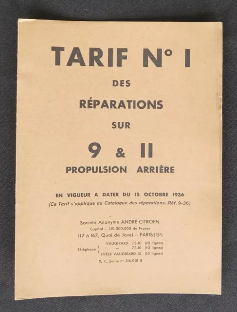 Catalogue des réparations 1936 CITROEN 9 & 11 traction AR camion truck catalog