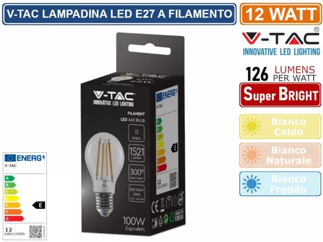 V-Tac Vt-2133 Lampadina Led E27 12W Bulb A60 Goccia Filament Vetro Trasparente