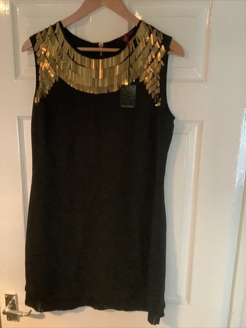 Abito senza maniche Ted Baker da donna nuovo con etichette nero/oro. Taglia 14