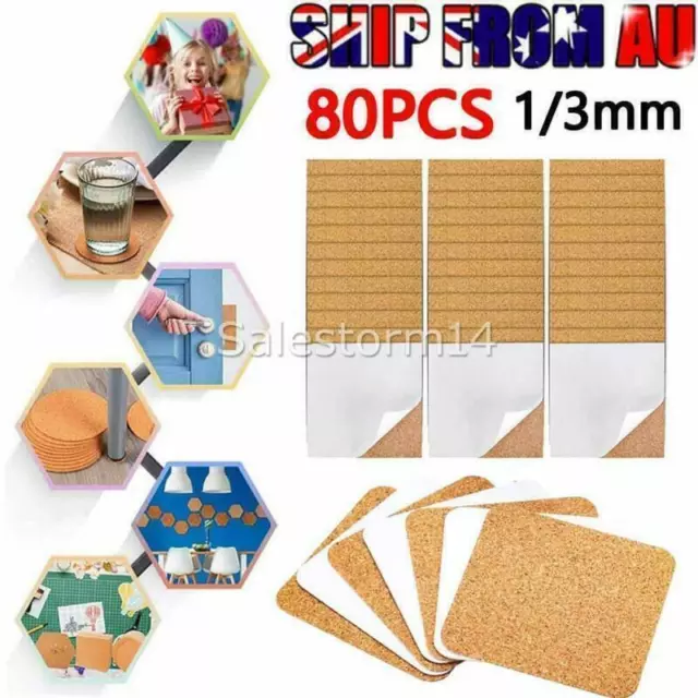 80x Thickness 1/3mm cork coaster DIY Mini Board Square Round Self-Adhesive Kit