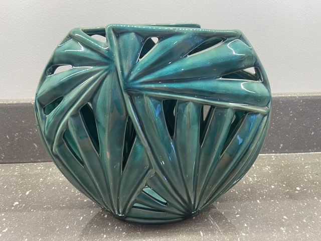 Art Deco Vase Céramique Vert Turquoise À Décor Palmiers