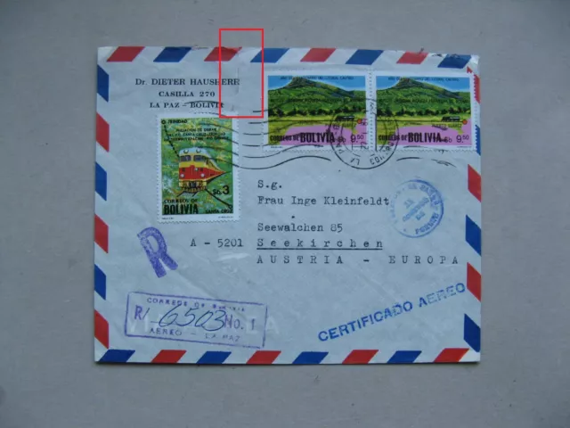 BOLIVIA, airmail R-cover to Austria 1981, railway train