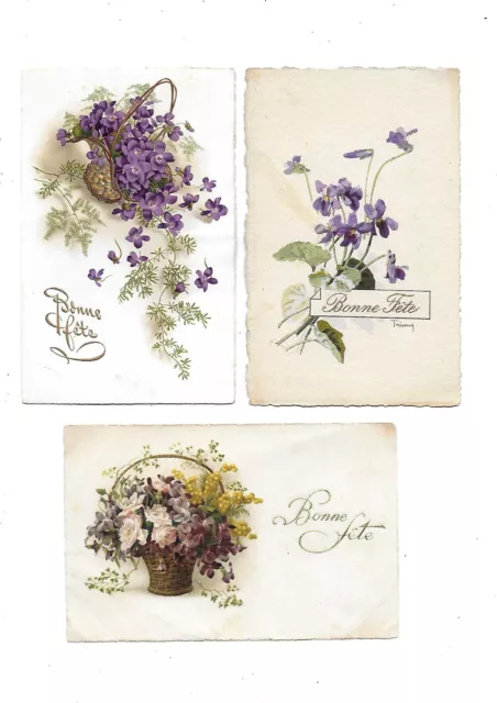 3 Belles CPA carte postale ancienne  des violettes pour dire bonne fête