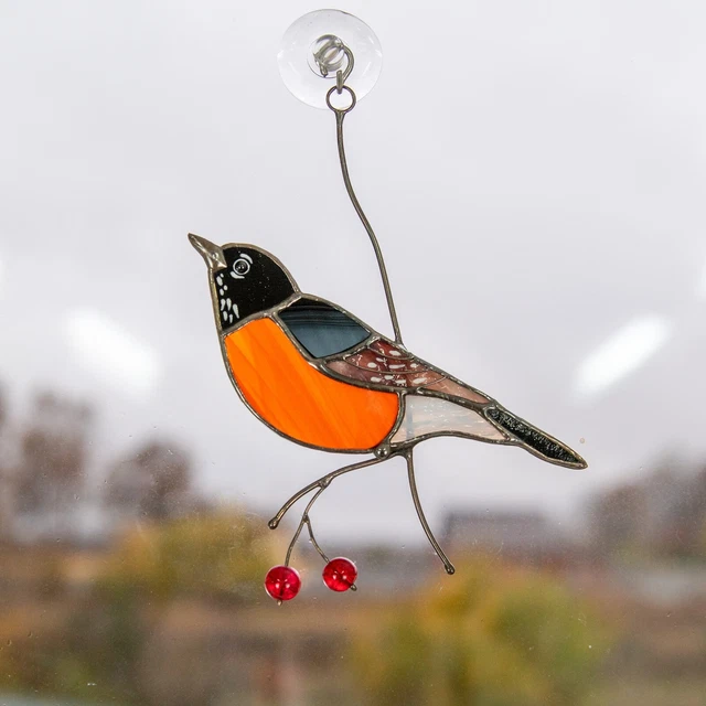 STAINED GLASS American Robin  Window Hangings Stained Glass Bird Suncatcher