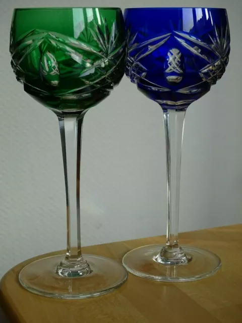 2 ANCIENS VERRES A VIN COULEUR ROEMER CRISTAL DOUBLER COLORER bleu vert  19 cm