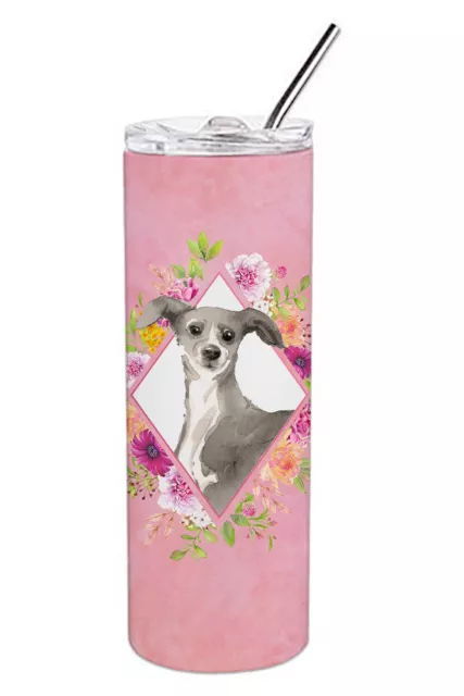 Italian Greyhound Pink Flowers Stainless Steel 20 oz Skinny Tumbler CK4230TBL20