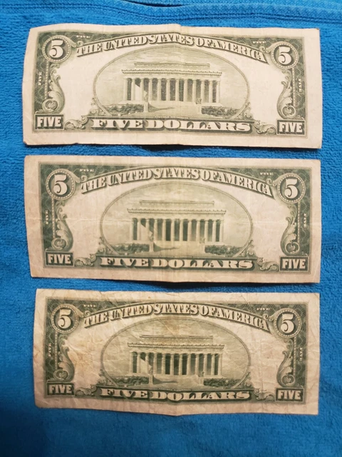 (3) 1934 a and d - Five Dollar Silver Certificate $5 Bill Blue Seal Note 2