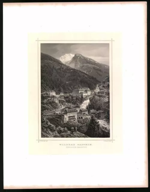Stahlstich Wildbad Gastein, Stahlstich um 1870 aus Ruthner Kaiserthum Österreic