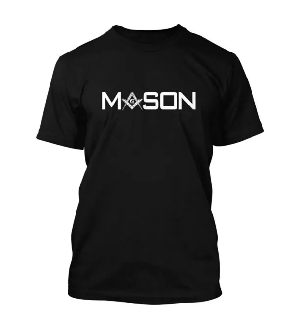 Black Masonic T-Shirt for Freemasons Bold White Mason Text w/ Compass and Square