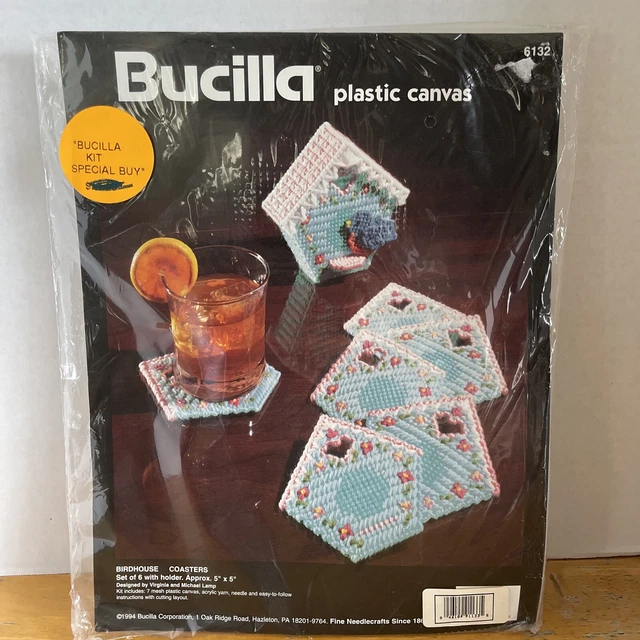 Kit artesanal de lona de plástico Bucilla de colección posavasos para casa de pájaros conjunto de 6 piezas NUEVO 1994