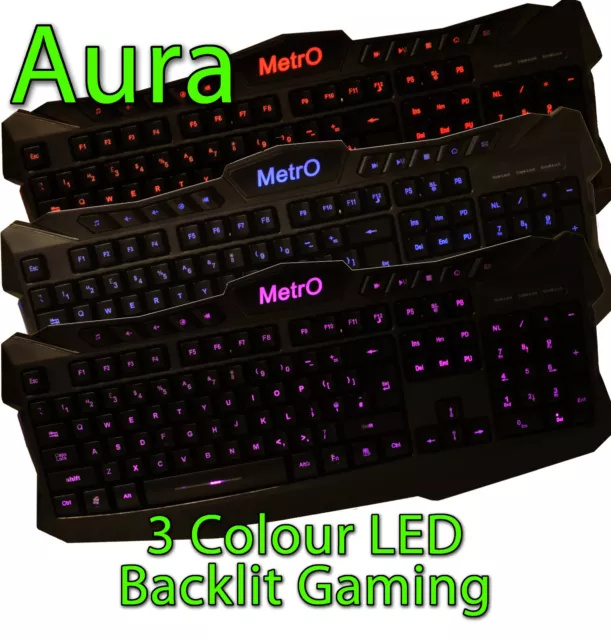 Metro Aura Illuminated Backlit LED UK USB Wired Gaming Style Keyboard 3 Colour