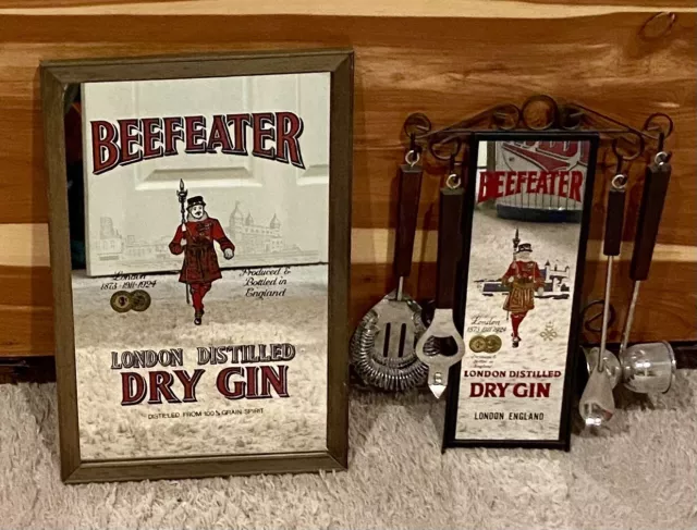 Vtg 1970’s Beefeater Gin 13” x 8.5” Mirror & Mirror Utensil/Bar Tool Holder.
