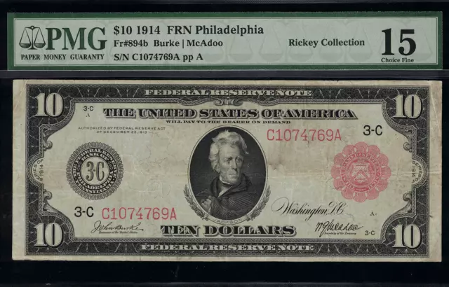 1914 $10 Federal Reserve Note Red Seal Philadelphia FR-894b - Graded PMG 15