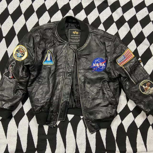 Alpha Industries Inc United States Space Command NASA Leather Bomber Jacket YS