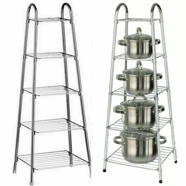 Chrome 5 Tier Pan Stand Pot Saucepan Rack Holder Kitchen Storage Organizer Tidy