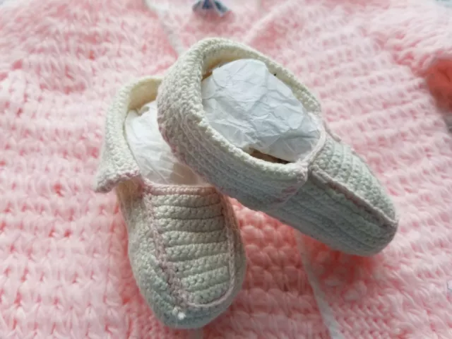 Vintage handmade crocheted baby booties ivory pink acccents photography prop