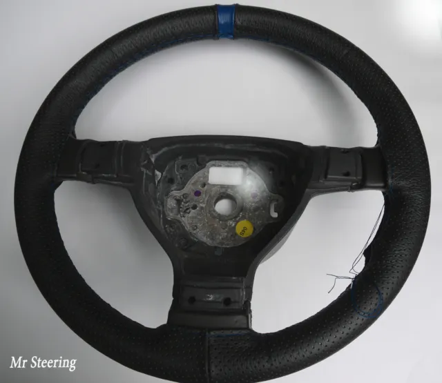 For Seat Exeo 08-13 Black Perforated Leather Steering Wheel Cover + Blue  Strap