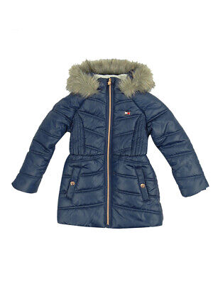 Tommy Hilfiger Big Girls Puffer Jacket With Faux Fur Hood (S(7), Navy)