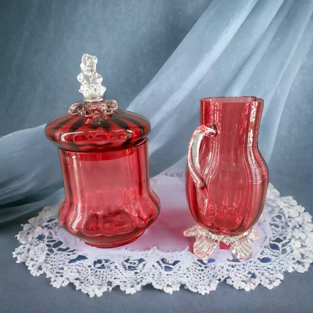 Antique Victorian Cranberry Glass Milk Pitcher & Covered Sugar Damaged Read