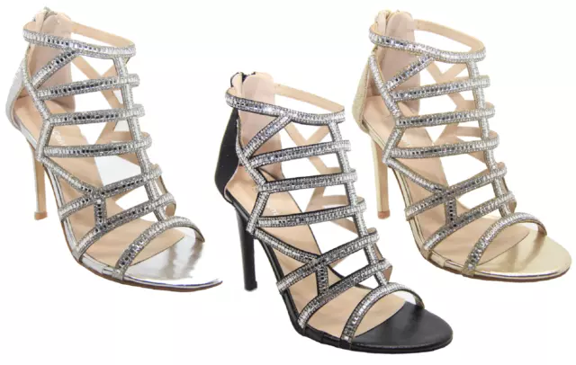 Womens Stiletto High Heel Strappy Sandals Ladies Diamante Party Prom Shoes