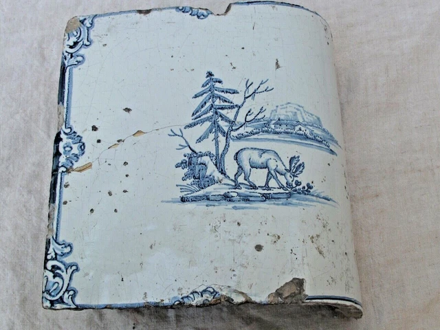 Antique Blue and White Dutch Delft Large Curved Tile 17thc.