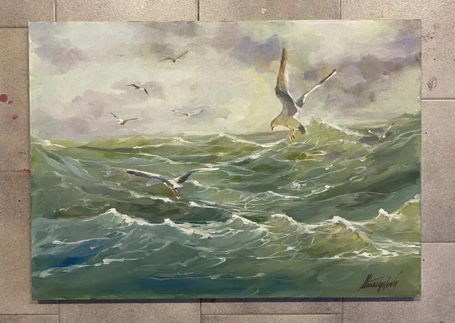 Quadro dipinto a mano - olio su tela - paesaggio marino con gabiani. 47x47cm
