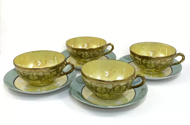 Vintage Japan Lusterware 4 Cups And Saucers Set Yellow Gold Leaves Moriage