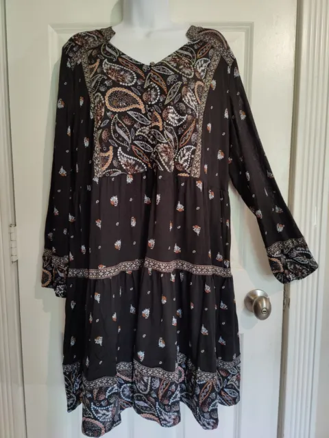 Style & Co Black Boho Long Sleeve Tiered Stretchy Paisley Mini Dress L