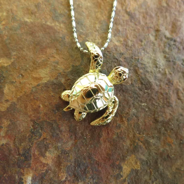 925K Silver Hawaii Hawaiian Jewelry Golden Turtle Necklace Pendant  SP80135