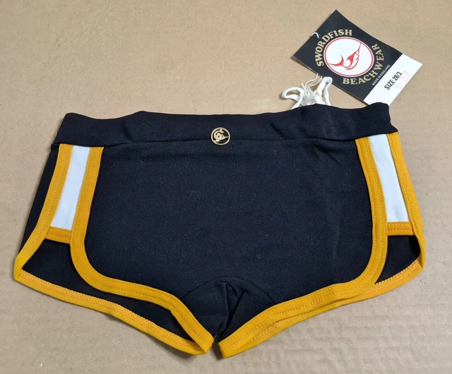 BNWT (UK 28", size 3, E164) Vintage SWORDFISH swimming briefs Black, Gold, White