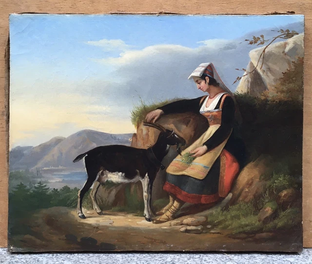 Tableau Ancien Huile Portrait Napolitaine Chèvre Paysage JF. OCHARD (1800-1870)