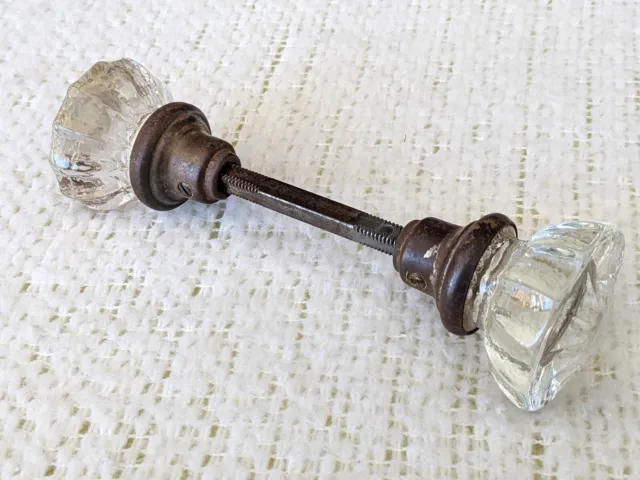 Vintage Pair of 12-Point Clear Crystal Glass & Brass Door Knobs on Spindle