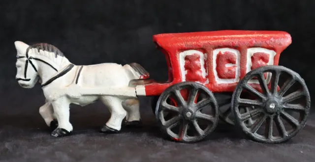 Vintage Cast Iron Horse Drawn Red Ice Wagon Collectible Retro READ*