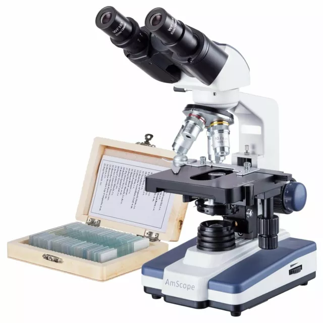 Amscope 40X-2000X Binocular LED Compound Microscope Siedentopf Head + 25 Slides