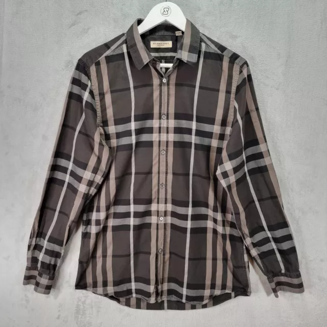 Burberry Shirt Mens Large Charcoal Grey Nova Check Cotton Button Up Long Sleeve