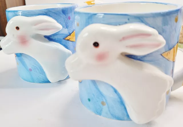 2 Easter Bunny Coffee Mugs Large Spring Hand Painted Colorful Raised accent WCL