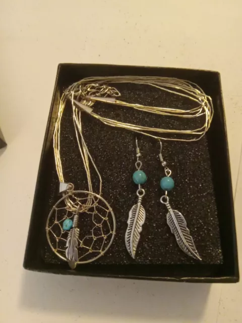 Sterling Turquoise 4 Strand Dream Catcher Necklace  Earring Set By Running Bear