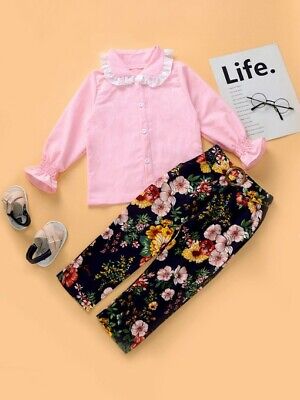 Tuta  bimba bambina set completo camicia pantaloni casual nero fiori rosa B167